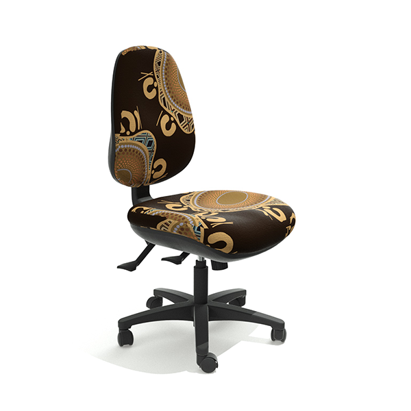 A high-back office chair with a brown and multicolored geometric patterned fabric seat and a black five-star base.