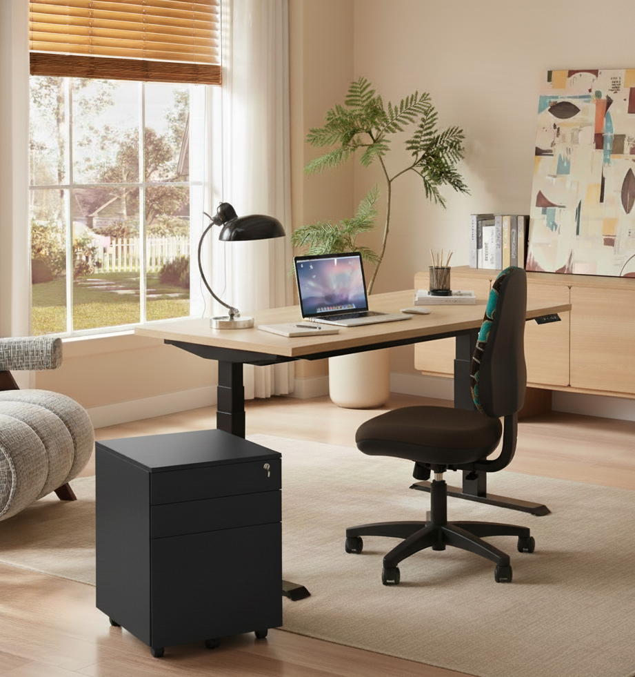 Home office setup with a desk, chair, laptop, lamp, and cabinet.